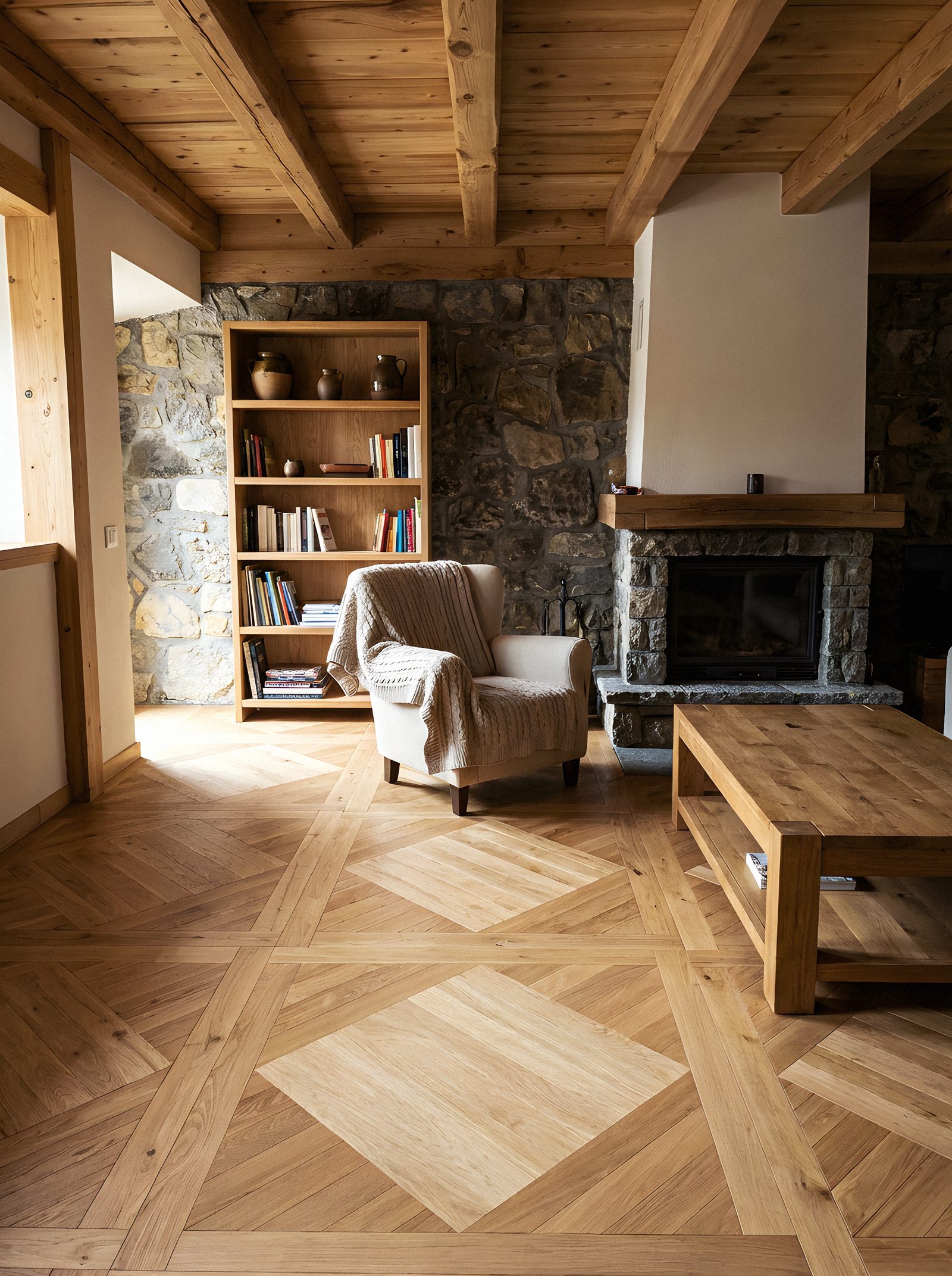Parquet geometrico in rovere in un soggiorno con camino