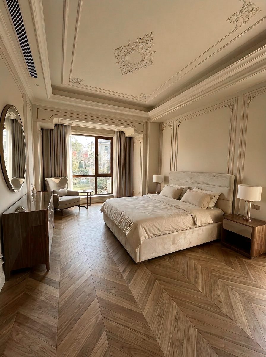 Parquet a spina in una camera da letto classica