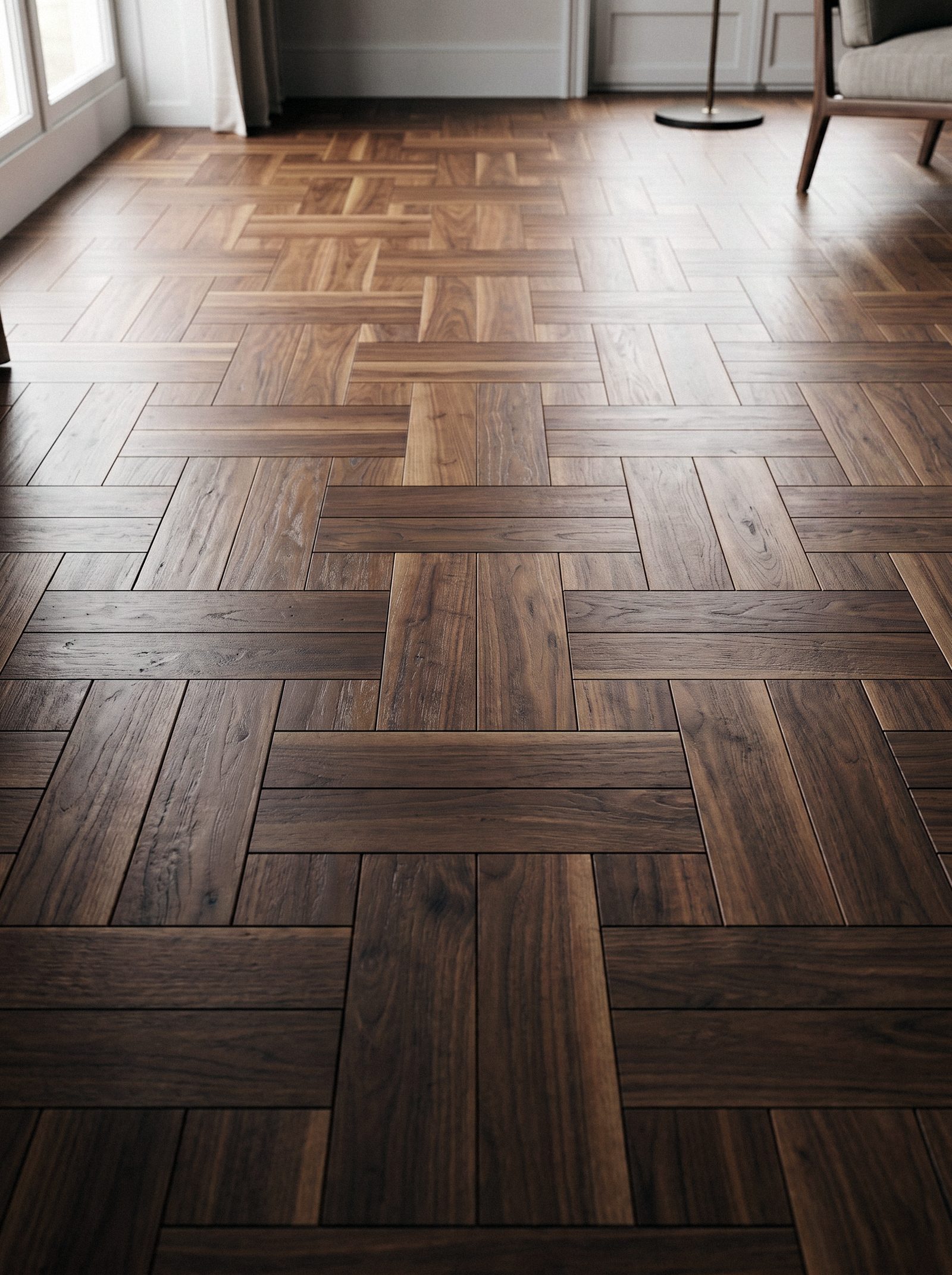 Parquet a spina in noce scuro posato in ambiente
